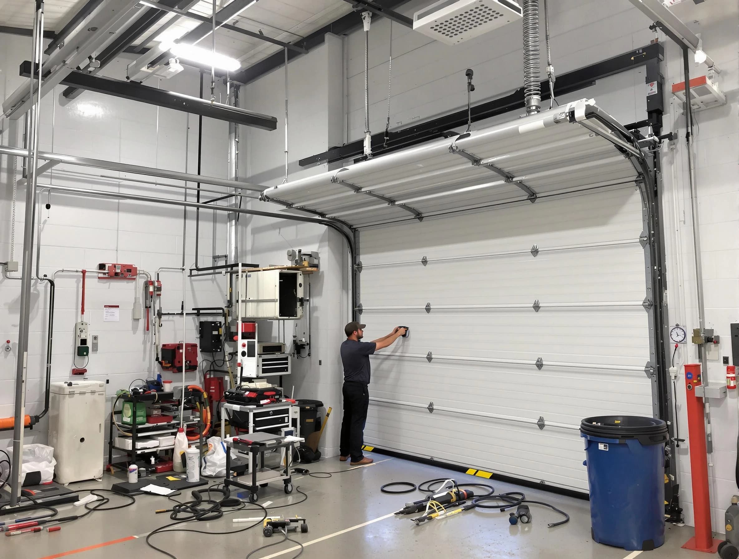 Mead Garage Door Repair certified technician performing commercial door repair at a Mead business facility