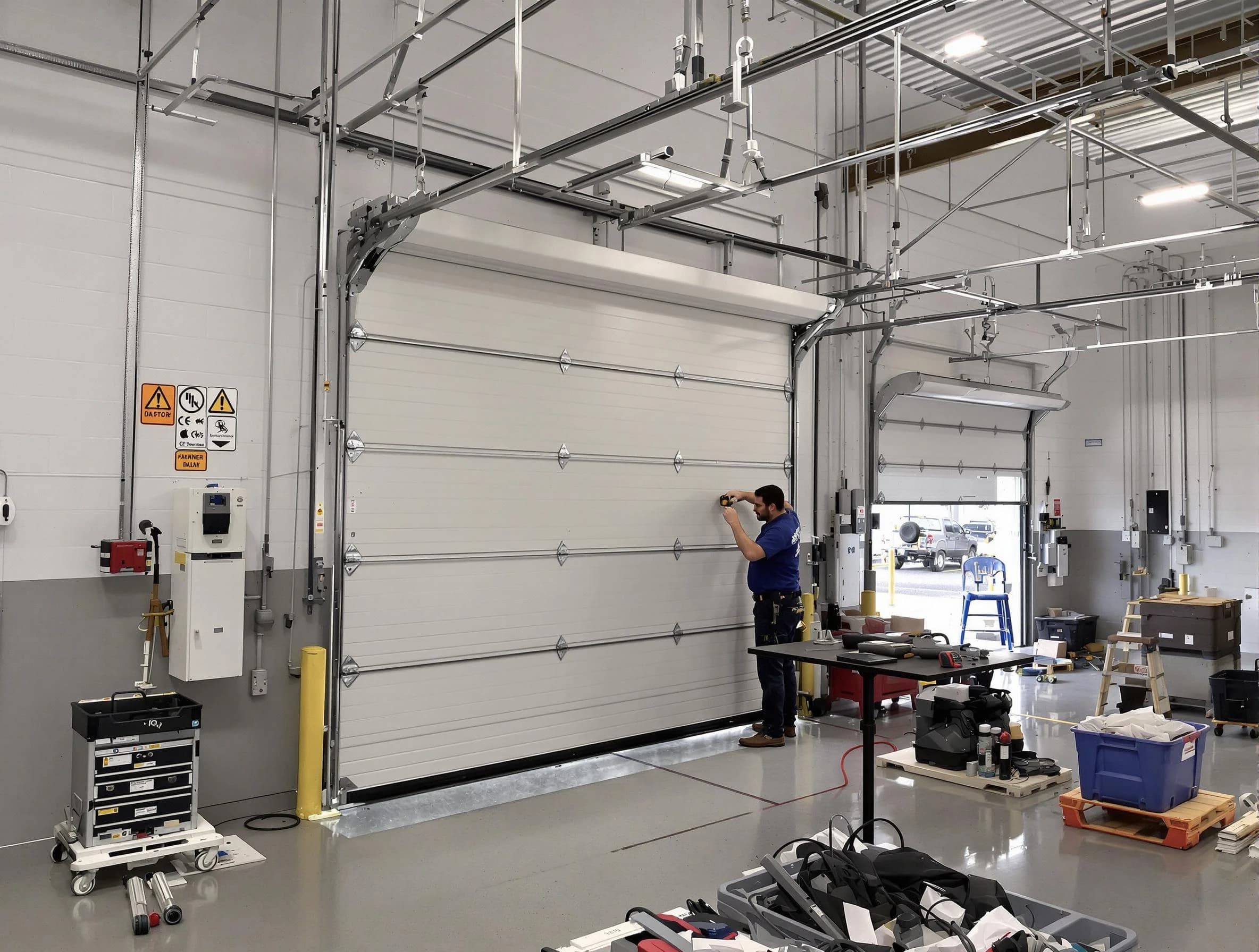 Commercial garage door repair being performed by Mead Garage Door Repair expert in Mead