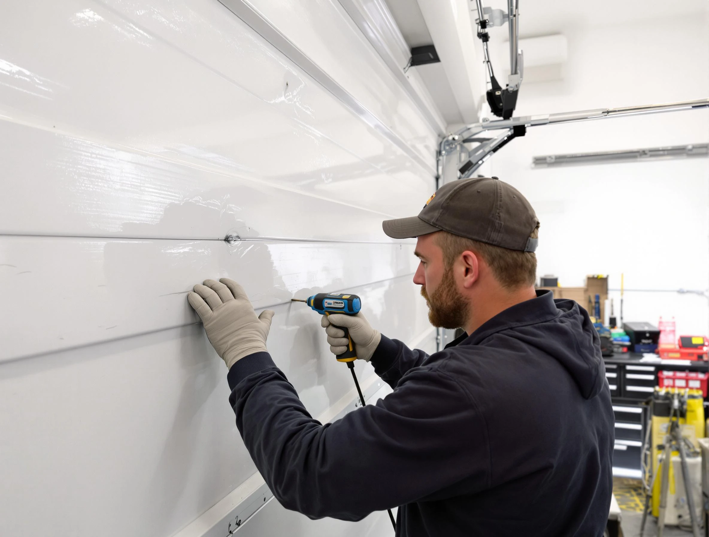 Mead Garage Door Repair technician demonstrating precision dent removal techniques on a Mead garage door